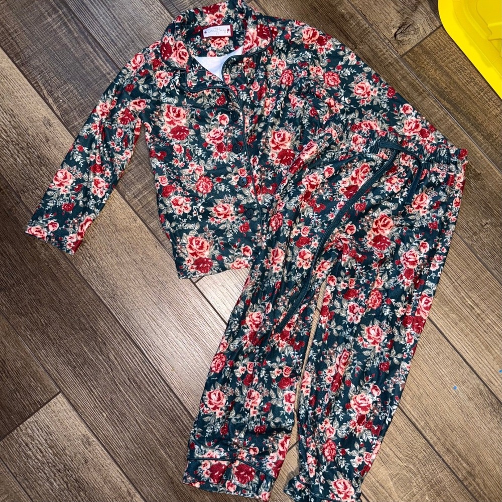 Sweet Honey Kids Floral Pajama Set Teal Red Rose Button Down Sleepwear 4T